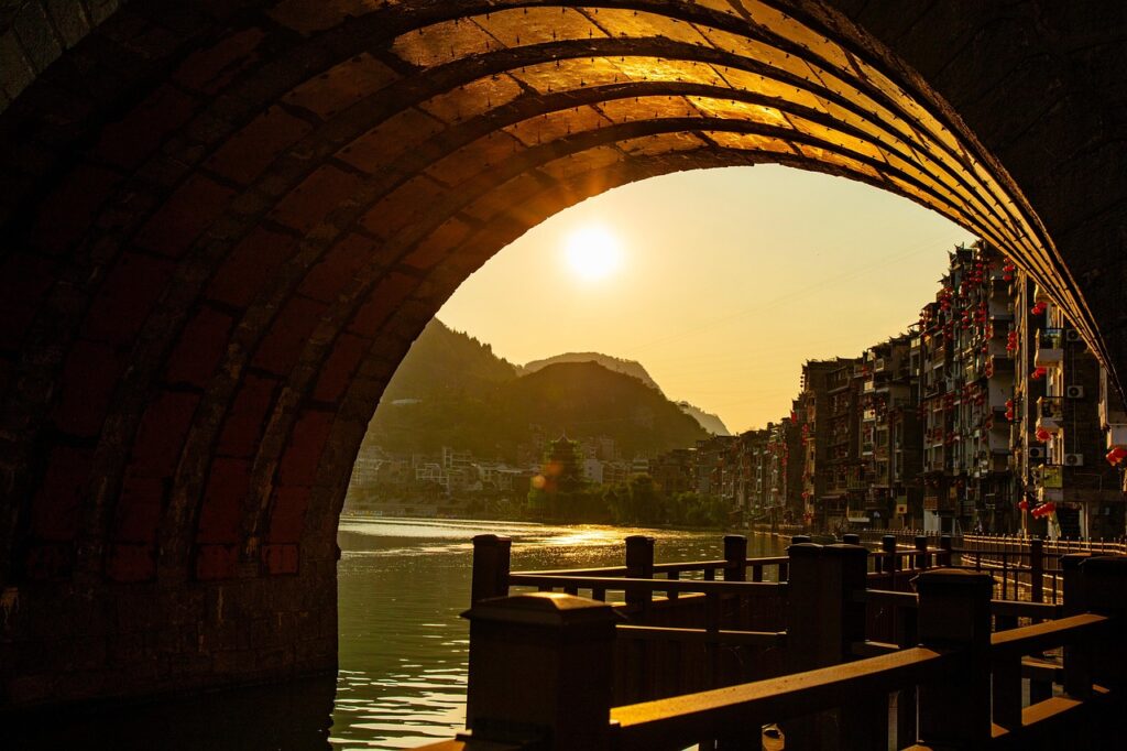 river, china, bridge, buildings, nature, architecture, mountain, riverside, landscape, sunset, canal
